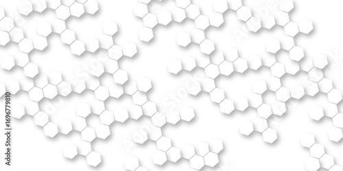 White hexagon abstract background, seamless geometric honeycomb pattern, clean minimal futuristic surface, 3D texture design for technology, corporate, digital, presentation, website, wallpaper.