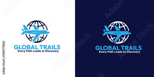 A travel agency logo featuring a stylized airplane flying around a globe, presented in two color variations.