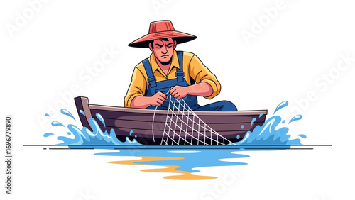 The Fisherman on the Sea: Capturing a moment of intense concentration, an illustration depicts a fisherman in a boat amid a sea, mending his net in anticipation of the day's catch.