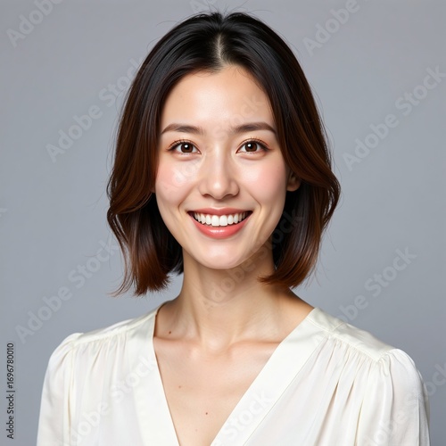 Charming studio headshot of a beautiful young Asian woman with a radiant smile and short brown hair, exuding confidence and positivity on a grey background