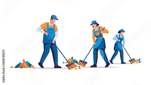Sweeping Team: A dedicated team of sanitation workers collaborate to maintain cleanliness, efficiently removing debris with their brooms in a professional and organized manner.