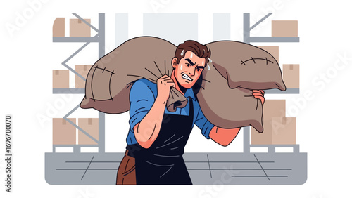 Warehouse Worker's Load: A determined worker strains under the weight of two heavy sacks, symbolizing the challenges of physical labor in a warehouse environment.