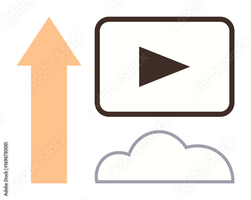 Arrow highlighting video play screen and cloud, representing digital sharing, media upload, and content storage. Ideal for technology, streaming, file sharing, online video, communication cloud