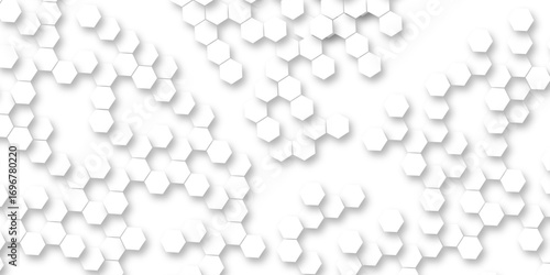 White hexagon abstract background, seamless geometric honeycomb pattern, clean minimal futuristic surface, 3D texture design for technology, corporate, digital, presentation, website, wallpaper.