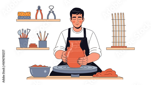 Potter Crafting Pottery: A focused craftsman skillfully shapes clay on a spinning wheel, surrounded by pottery tools and elements, embodying dedication and artistic expression.