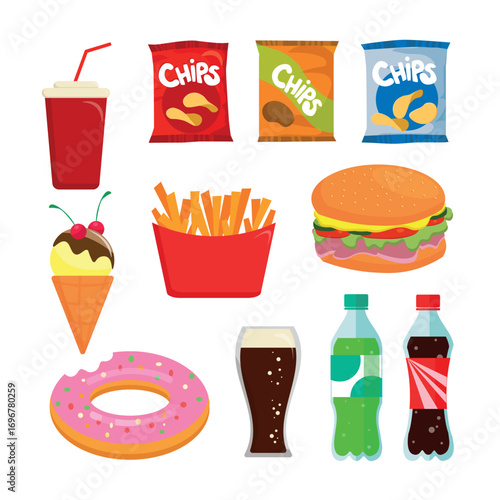 Set of fast food, drinks in cartoon style. Vector illustration: chips, drink in paper cup with straw, ice cream, french fries, hamburger, donut, carbonated sweet drinks isolated on white background.
