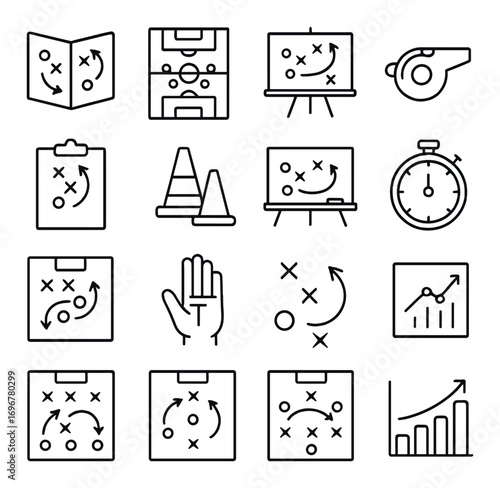 Football strategy icons: playbook, field, whistle, stopwatch, cones