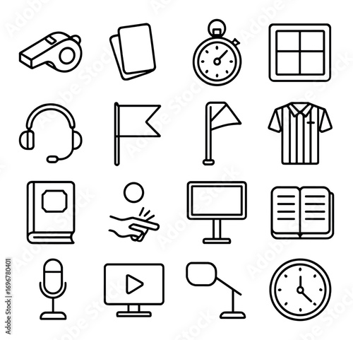 Sport icon set featuring whistle, stopwatch, flag, and more on dark background
