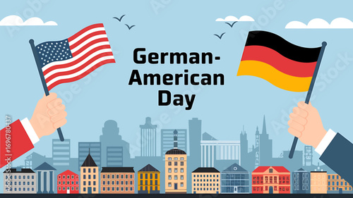 Vector art of germanamerican day illustration featuring flags of germany and usa held by hands against a city backdrop, promoting cultural exchange