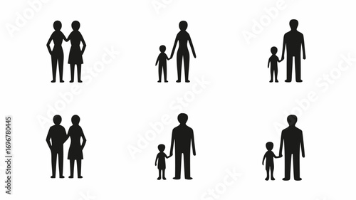 Diverse family units depicted as silhouettes for conceptual use in parenting and togetherness themes