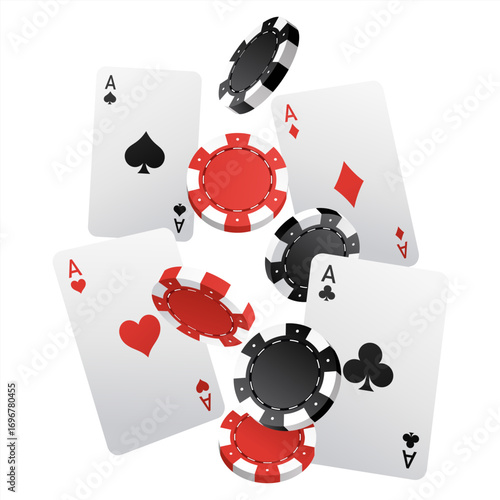 Falling aces and casino chips with blurred elements on white background. Playing cards, red and black money chips fly. The concept of winning or gambling. Poker and card games. Vector illustration.