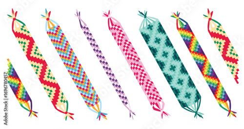 Set of multicolored friendship bracelets in cartoon style. Vector illustration of beautiful handmade bracelets with different patterns isolated on white background. Braided bracelets from threads.