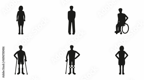 Diverse people silhouettes including wheelchair user and amputee, symbolizing inclusion and accessibility