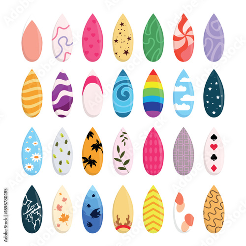 Set of stiletto nails in cartoon style. Vector illustration of long, sharp nails with different designs: french, waves, hearts, stars, spiral, rainbow, clouds, flowers, leaves, lightning, fish, spots.
