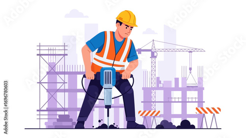 Construction Worker at Work: A skilled construction worker utilizes a jackhammer on a vibrant construction site with a city background, symbolizing progress and the building of a future.