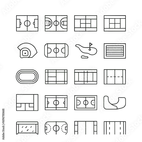 Various sports field diagrams: soccer, basketball, tennis, and more