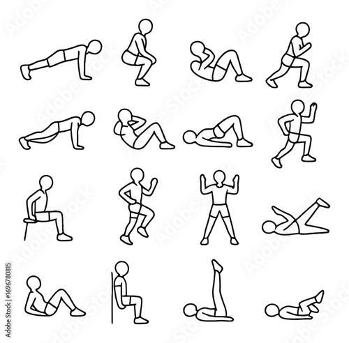 Stick figure exercise illustrations: diverse workout poses and fitness activities