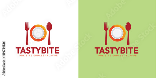 A clean and modern logo for a restaurant named Tasty Bite, featuring cutlery and a plate. Two versions are presented.