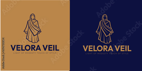 A sophisticated logo for Velora Veil, showcasing a stylized figure in draped clothing on contrasting backgrounds.