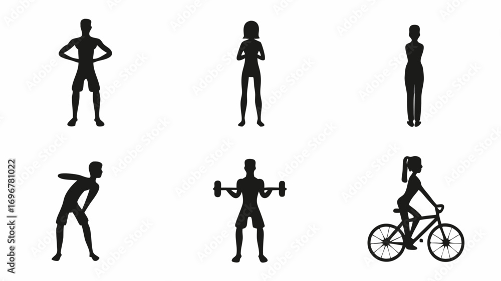 Naklejka premium Active people exercising and cycling silhouettes symbolizing health and fitness goals