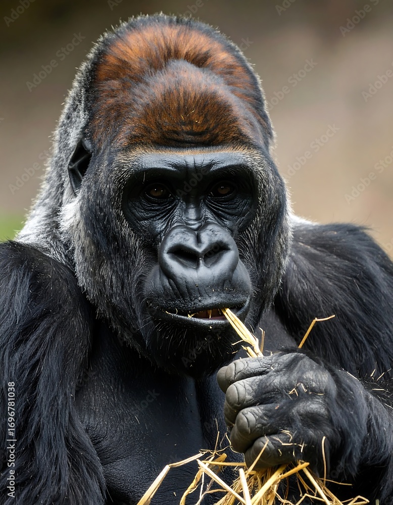 Obraz premium Close-up view of a magnificent gorilla, showcasing its detailed features and attentive expression while consuming hay.