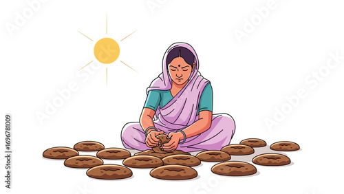 Indian woman making cow dung cakes: A depiction of a rural Indian woman carefully shaping cow dung cakes under the warm glow of the sun, illustrating traditional rural life and craftsmanship. 