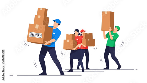 Delivery Team at Work: A dynamic illustration of a dedicated delivery team, each member diligently carrying stacked cardboard boxes, embodying the essence of efficient service and reliable logistics.