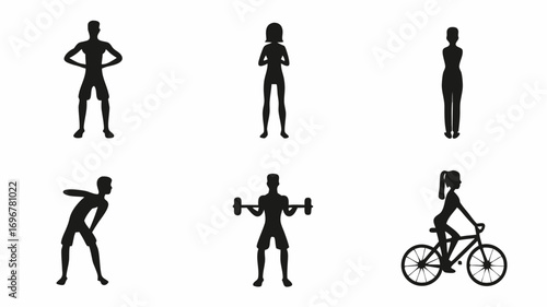 Active people exercising and cycling silhouettes symbolizing health and fitness goals