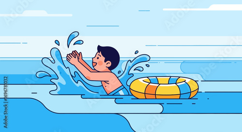 Joyful Child Swimming in Azure Waters With a Pool Ring on a Sunny Day
