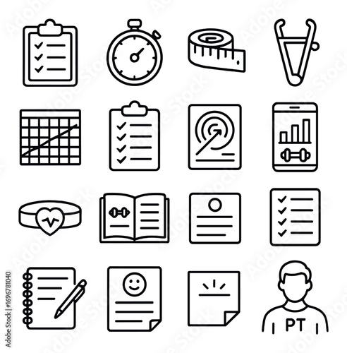 Fitness and health icons set including timer, measuring tape, charts, and more