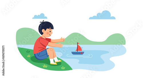 Joyful Child Watching a Small sailboat Glide on the Water near Rolling Hills and Clouds