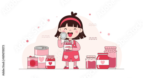 Joyful Child Tasting Fresh Jam From a Jar Surrounded by Various Preserved Foods