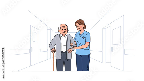 Supporting Steps: A caring healthcare professional assists an elderly patient in a bright hallway, walking with a walking stick and providing guidance. The scene highlights trust.
