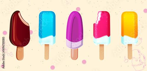 Colorful popsicles and ice cream treats in vibrant summer flavors on playful background