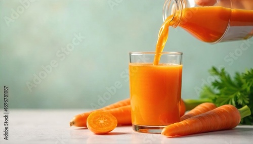 Freshly juiced carrots, vibrant orange liquid pouring from a juicer into a glass Healthy, nutritious, delicious, and revitalizing Perfect for a healthy lifestyle , cooking, morning