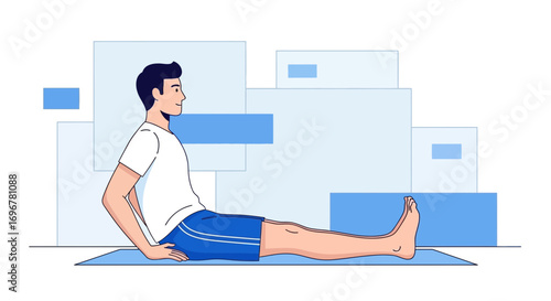Man Practicing Core Strengthening Exercises, Illustrated in Pastel Tones, For Health and Wellness