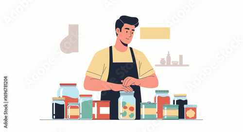 Man Preserving Food In Jars: A Vector Illustration, Home Kitchen Scene, Organic Produce