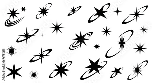 Black and White Vector Stars, Orbits, and Sparkles Collection. Celestial Graphic Design Elements and Icons.