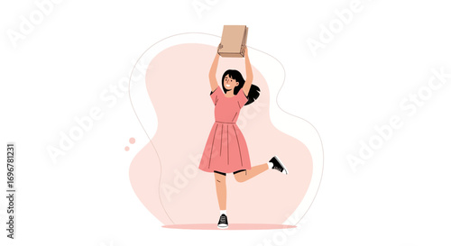 Joyful Delivery: Woman Celebrating Parcel Received, Elevated Package Illustration