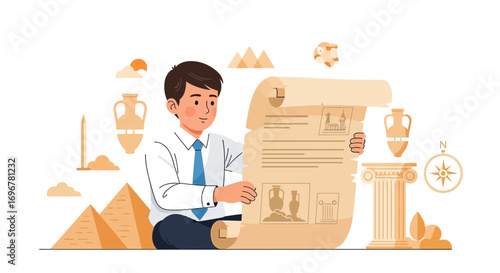 Man Reading Ancient Parchment Scroll About History And Civilization Discoveries