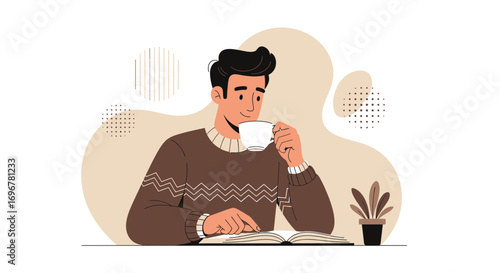 Man Reading Book And Drinking Coffee While Enjoying The Morning Quietly Contemplating