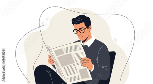 Man Reading Newspaper And The Morning News, Casual Reader And Daily Reading Habit