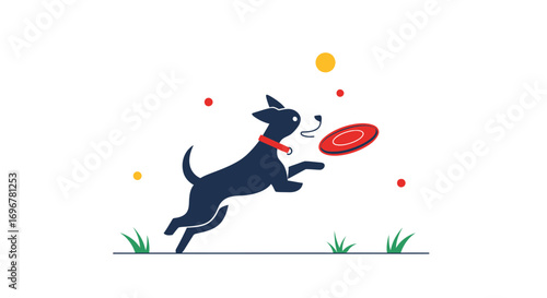 Joyful Dog Engaging In Playful Outdoor Game With Frisbee And Simple Graphic Design
