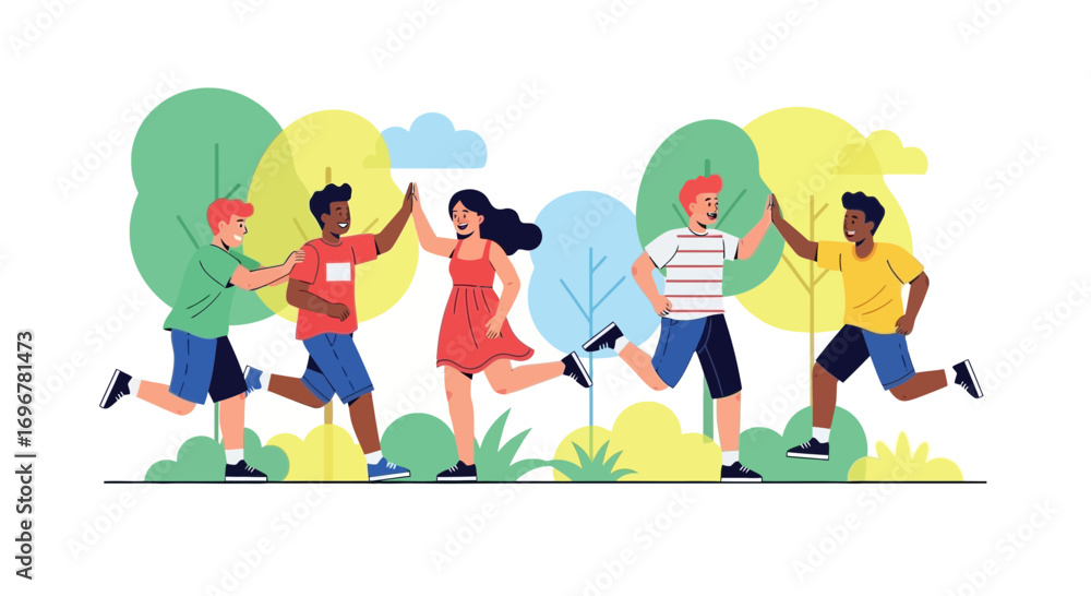 Fototapeta premium Joyful Friends High Fiving While Running in a Park Among Greenery and Nature