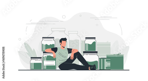Man Relaxing Amongst Preserved Food Jars And Cans, Surrounded By Preserved Provisions