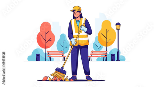 The diligent worker: An illustration portraying a diligent worker, donning a safety vest, skillfully sweeping up autumn leaves in a public garden.