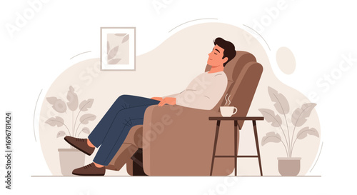 Man Relaxing In A Chair While Enjoying Coffee With Plants And Room Decoration