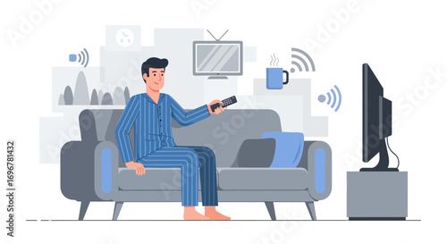 Man Relaxing At Home Watching Television With Remote Control Having Tea And Wifi