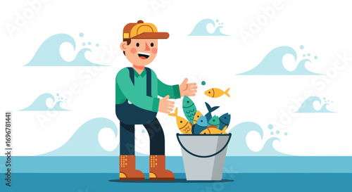 Joyful Fisherman Displays His Bountiful Catch of Fresh Fish from the Vast Ocean