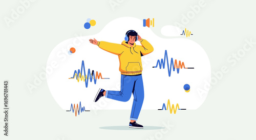 Joyful Figure Dancing With Music Waves, Capturing Sonic Bliss, Vibrancy, And Energy